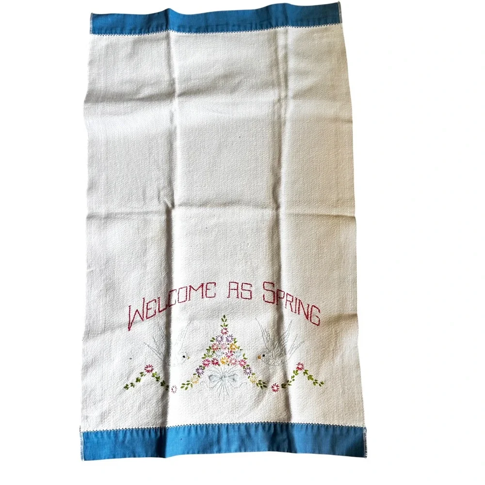 Vintage Boott Mills Embroidered Tea Towel Welcome As Spring Birds Flowers USA